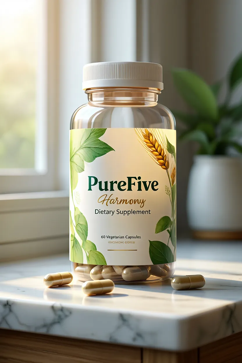 PureFive Harmony dietary supplement bottle with natural ingredients label